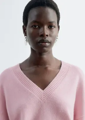Pull à col en V côtelé en laine et en coton - Rose — photo 3