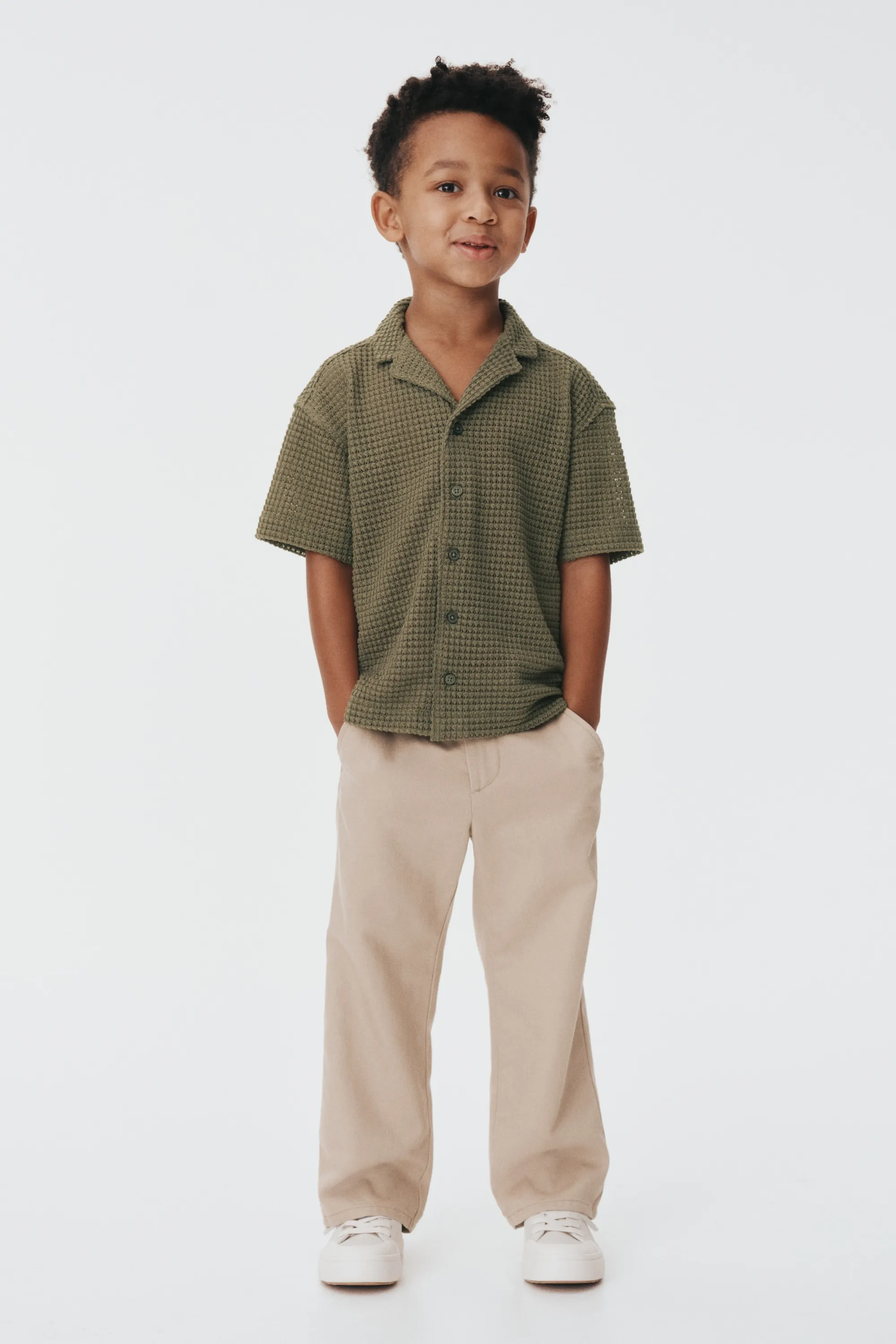 Chemise en maille texturée avec col cubain - Vert kaki