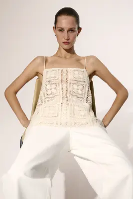 Top façon crochet en soie mélangée - Beige clair — photo 2