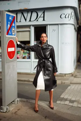 Nadine Faux Leather Trench Coat - Black — photo 4