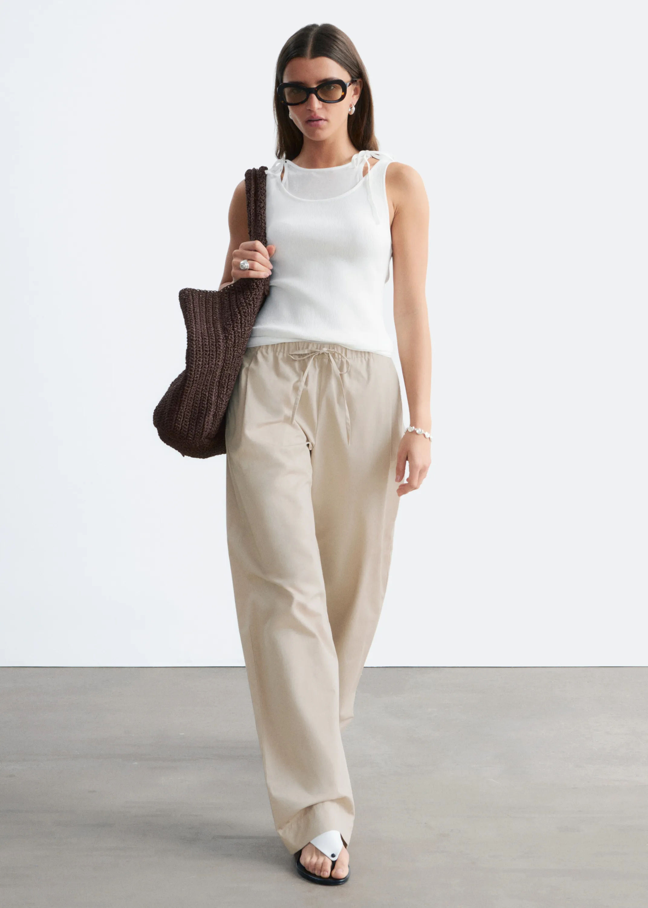Pantalon à cordon de serrage en sergé de coton - Beige