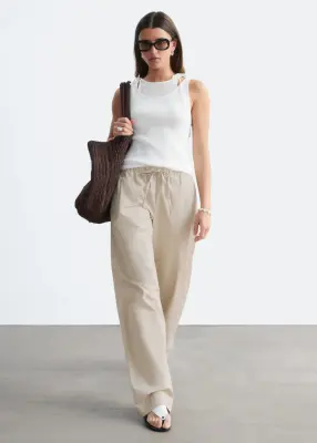 Pantalon à cordon de serrage en sergé de coton - Beige — photo 1