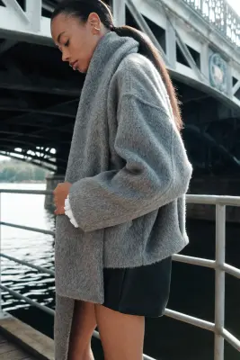 Veste brossée avec écharpe - Gris — photo 4
