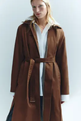 Manteau 3/4 oversize avec ceinture à nouer - Marron — photo 1