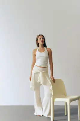 Pantalon large en maille côtelée - Crème — photo 1