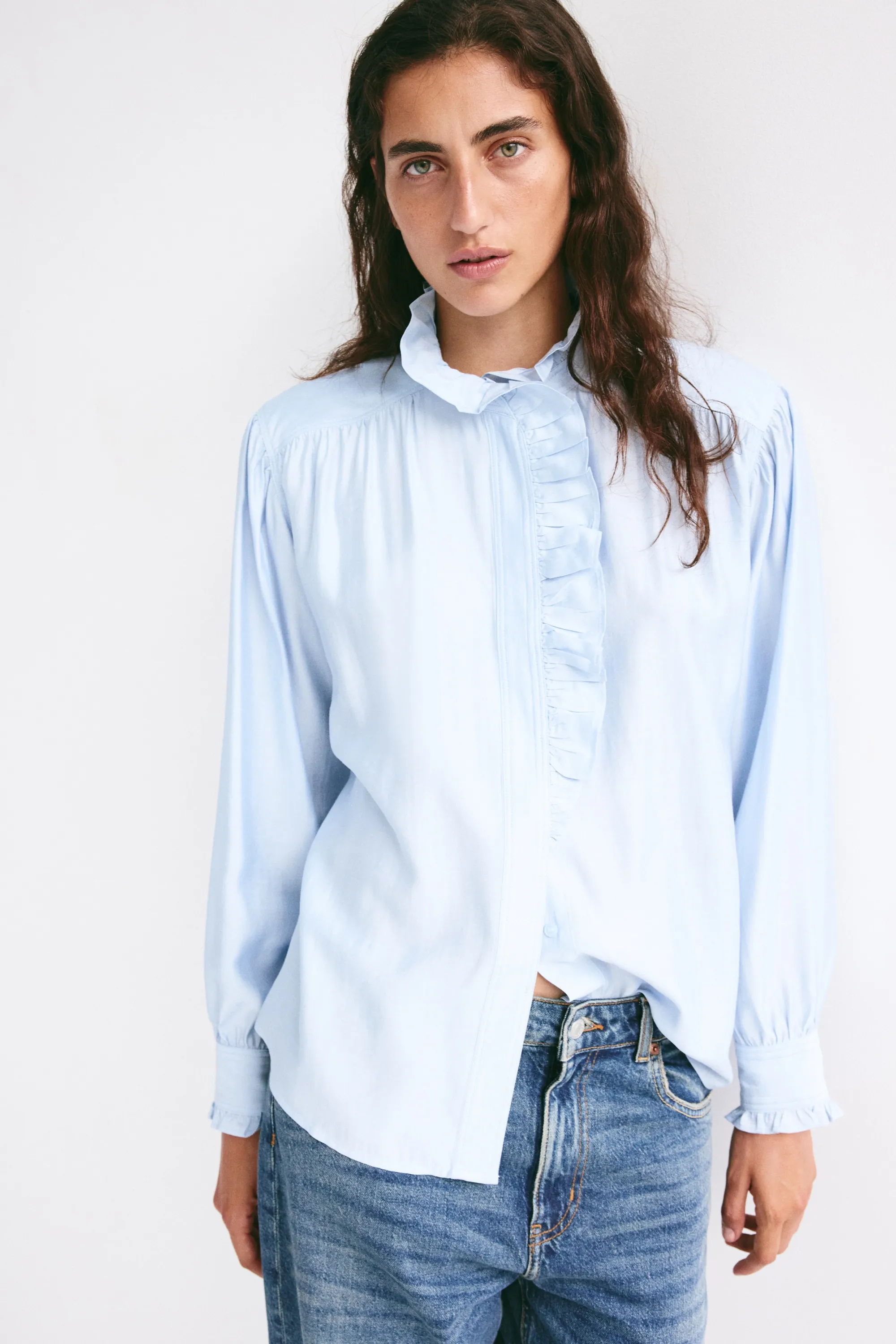 Blouse à boutons avec ruché - Bleu clair