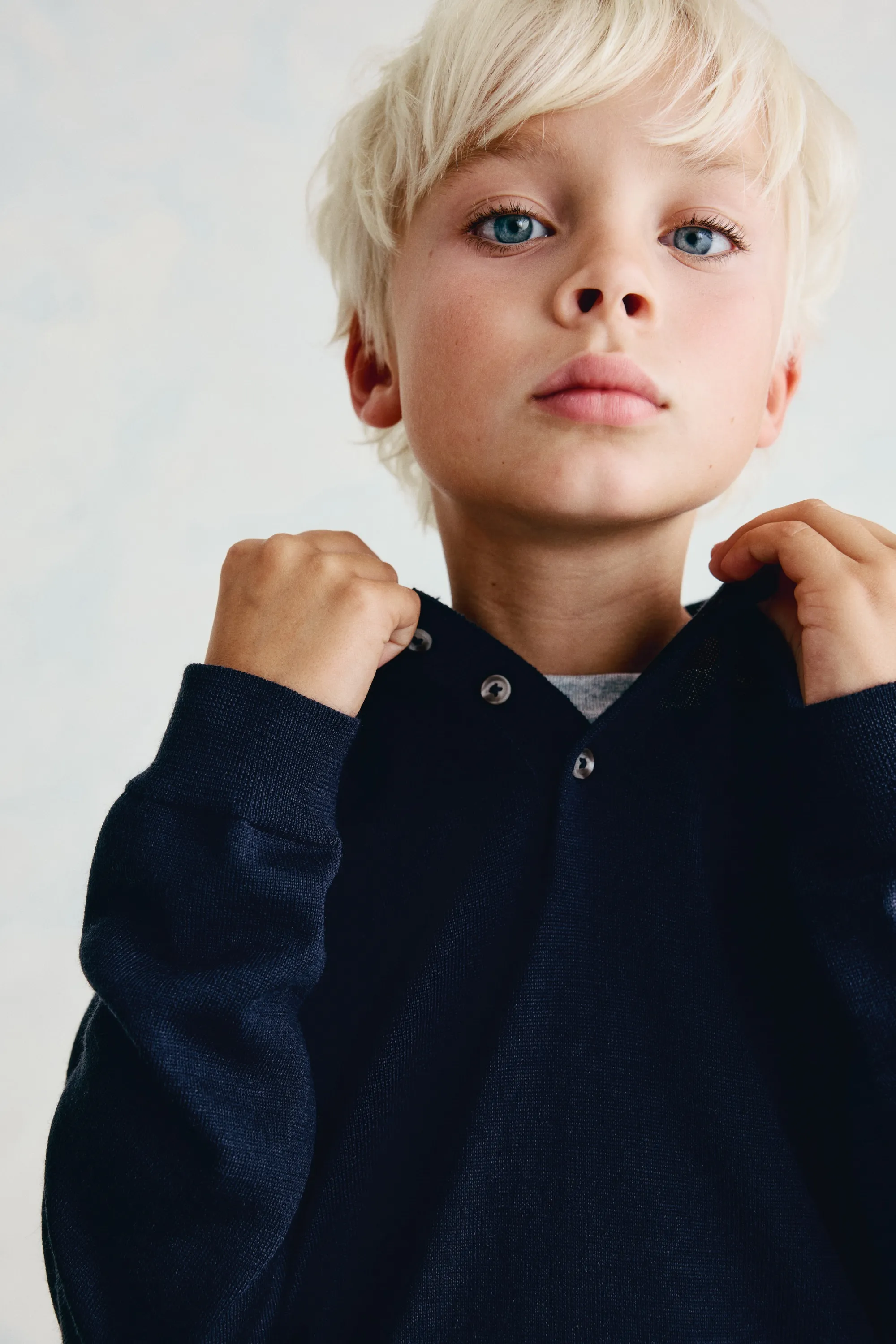 Pull façon polo en maille de laine - Bleu marine