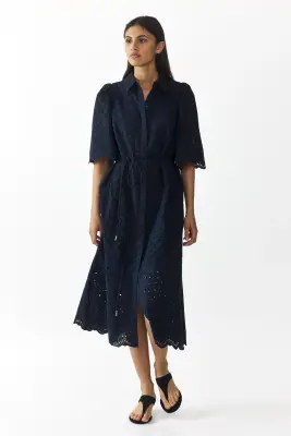 Robe chemise en coton avec broderie anglaise - Bleu marine — photo 1