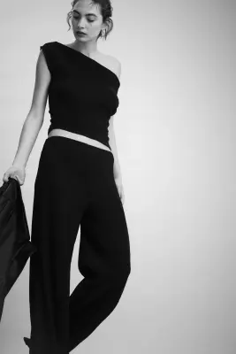 Pantalon froissé avec taille élastique - Marron foncé — photo 2