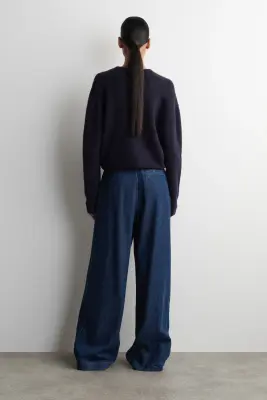 PANTALON LARGE À PLIS EN DENIM - BLEU FONCÉ — photo 4