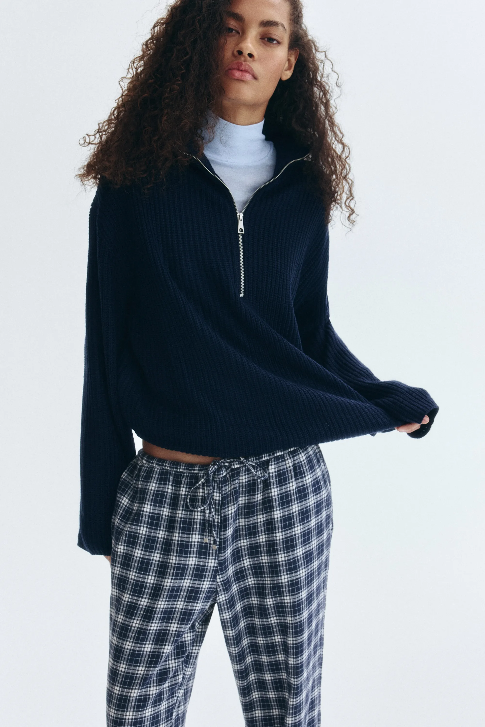 Pantalon avec cordon de serrage - Bleu foncé/carreaux