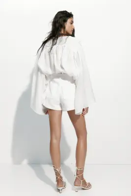 Short taille haute en denim - Crème — photo 3