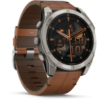 Garmin Fenix 8 Amoled 51mm Verre Sapphire lunette titane bracelet cuir marron + silicone noir 010-02905-40 — photo 3