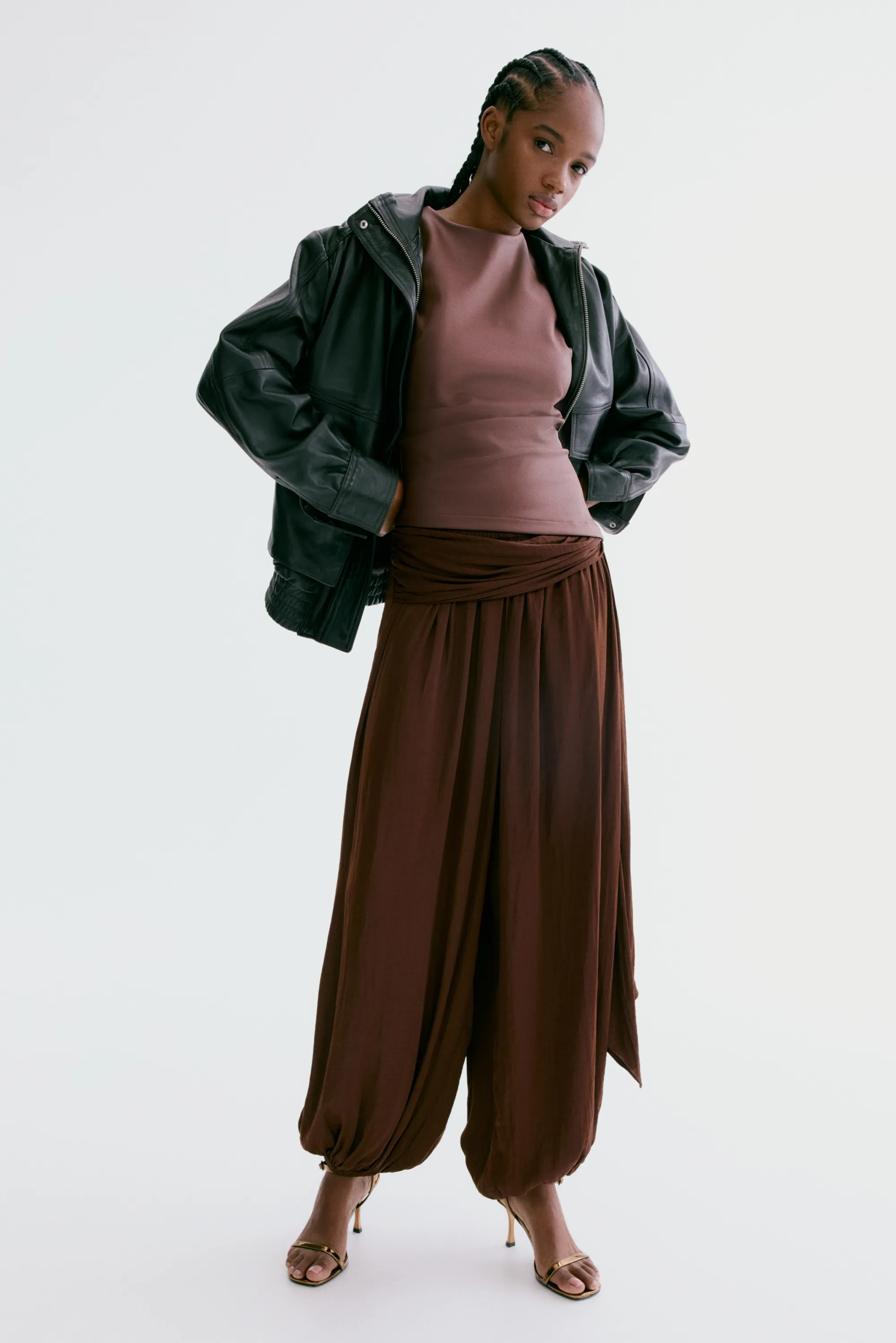 Pantalon ballon avec panneau drapé - Marron foncé