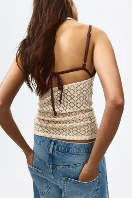 Top façon crochet avec col écharpe - Beige clair — photo 3