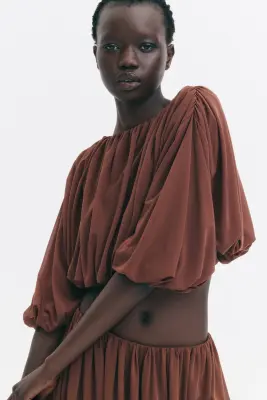 Crop top avec base à effet boule - Marron — photo 3