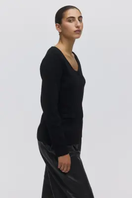 Gilet en maille côtelée avec encolure dégagée - Noir — photo 2