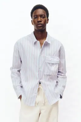Chemise Relaxed Fit en coton - Bleu clair/rayé — photo 1