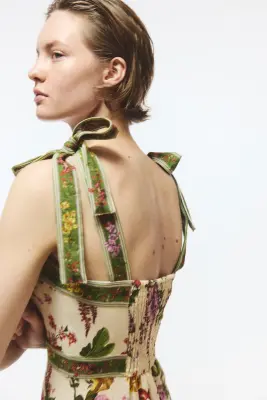 Robe en viscose mélangée avec bretelles à nouer - Beige clair/fleuri — photo 2