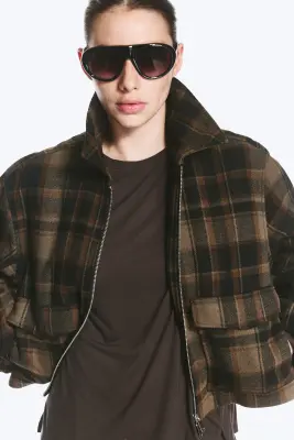 Veste zippée carrée courte - Carreaux marron foncé — photo 2
