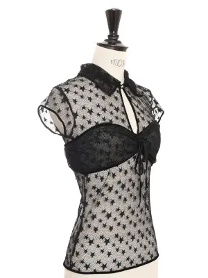 Top en maille noir manches courtes brodé étoiles bordé velours boutons CC Fall Winter Prix boutique 8500€ Taille 36 — photo 4