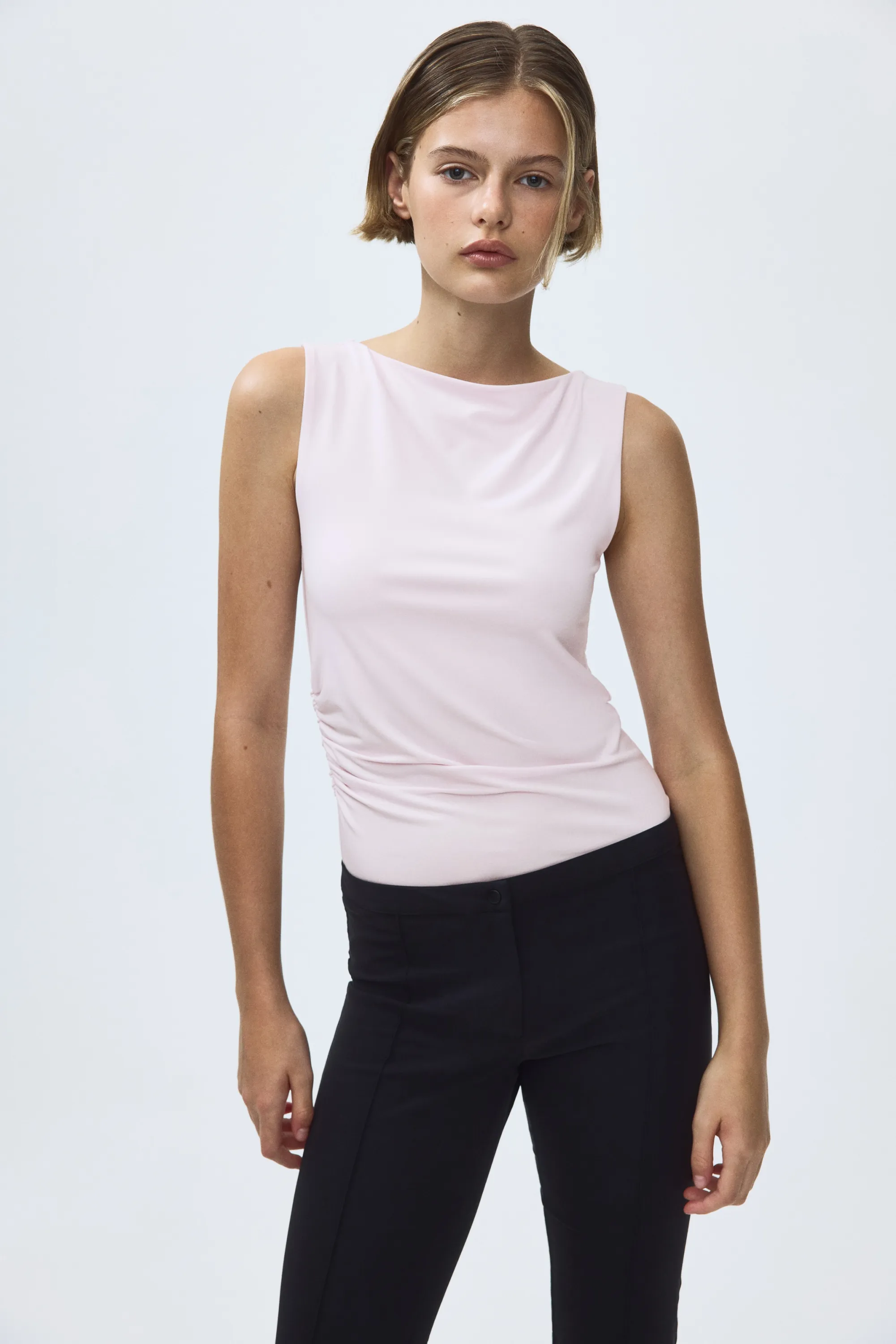 Top à effet drapé avec encolure bateau - Rose poudré