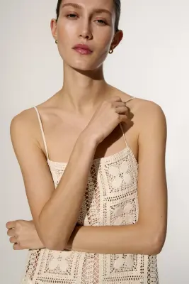 Top façon crochet en soie mélangée - Beige clair — photo 1