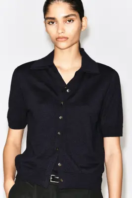 CHEMISE À MANCHES COURTES EN MAILLE DE LIN-MÉRINOS - BLEU MARINE — photo 2