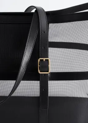 Sac cabas en mesh à détails en cuir - Noir — photo 3