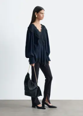 Blouse en crêpe à finitions en dentelle - Bleu/Noir — photo 3