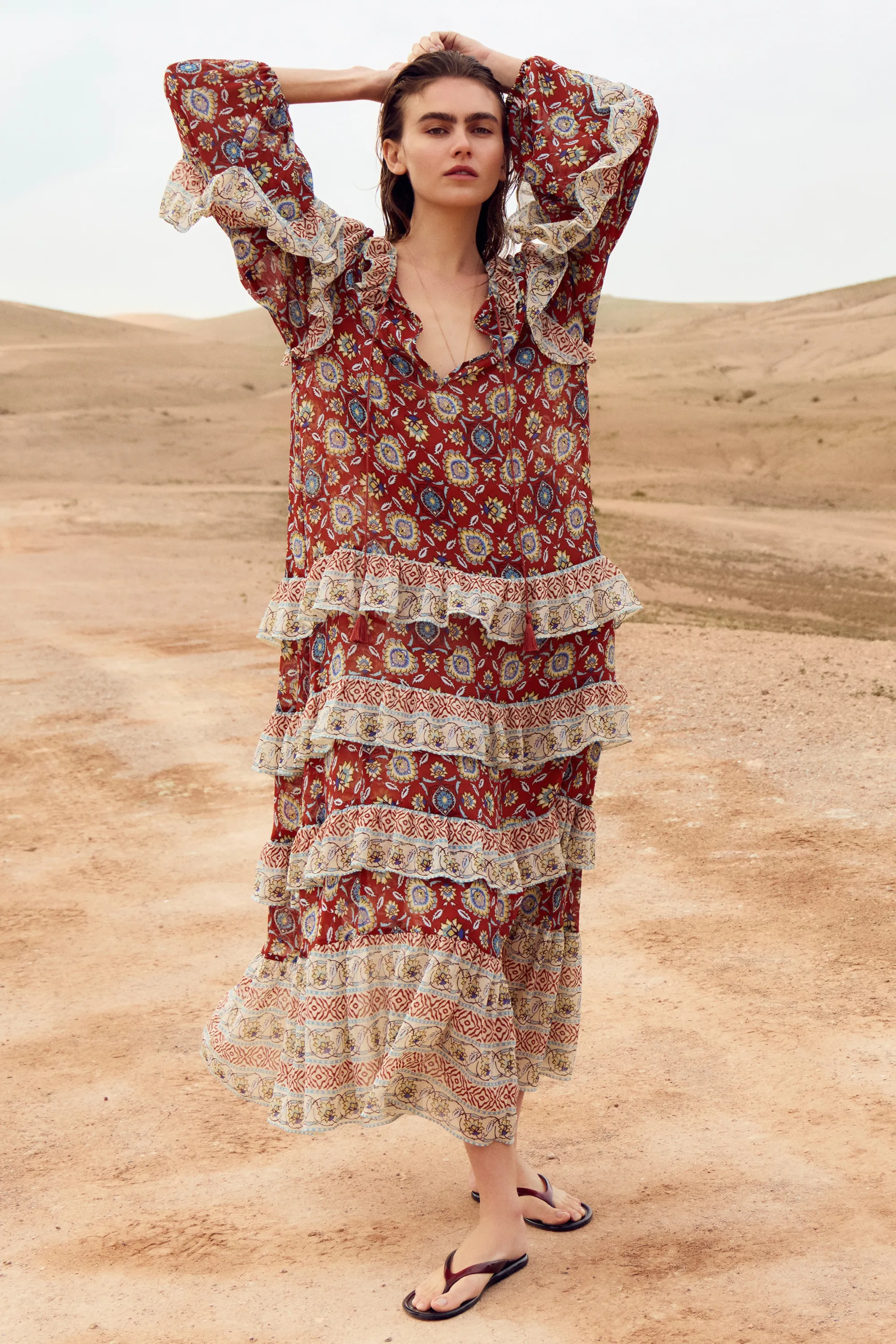 Robe tunique volantée - Marron/fleuri