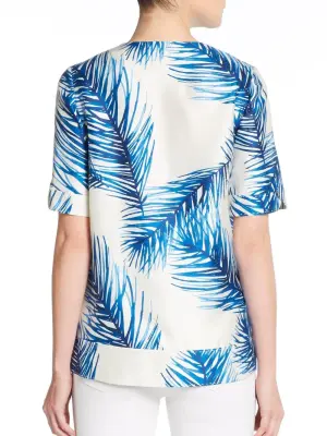 Blouse manches courtes en gazar de soie imprimé palmiers bleu et blanc Prix boutique 320€ Taille 36 — photo 4