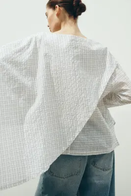 Blouse en seersucker avec cape - Blanc/carreaux — photo 3