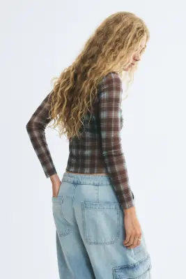 Top asymétrique en mesh - Marron/carreaux — photo 3