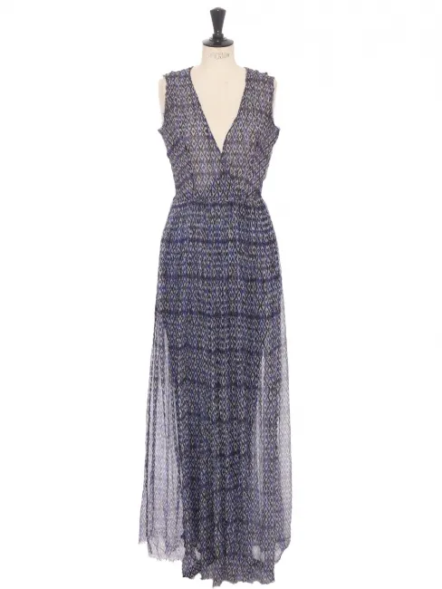 Robe longue sans manche en voile de soie imprimée bleu Prix boutique 1000€ Taille 36