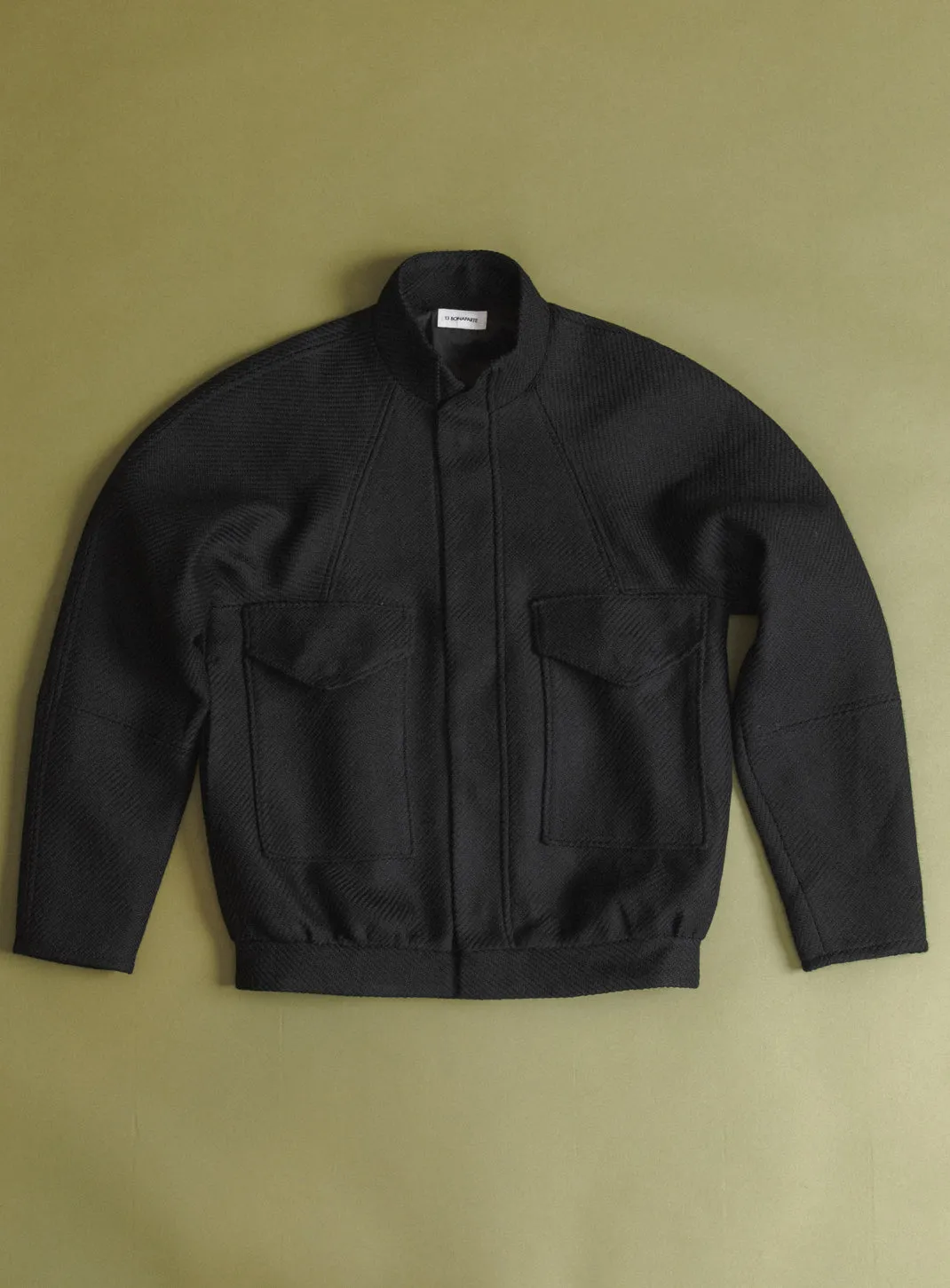 Bomber Jacket with Origami Collar in Black 100% Italian Wool