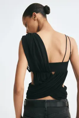 Crop top bi-matière à effet drapé - Noir — photo 3