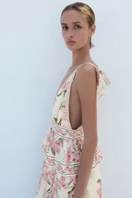 Robe péplum en lin mélangé - Crème/fleuri — photo 2