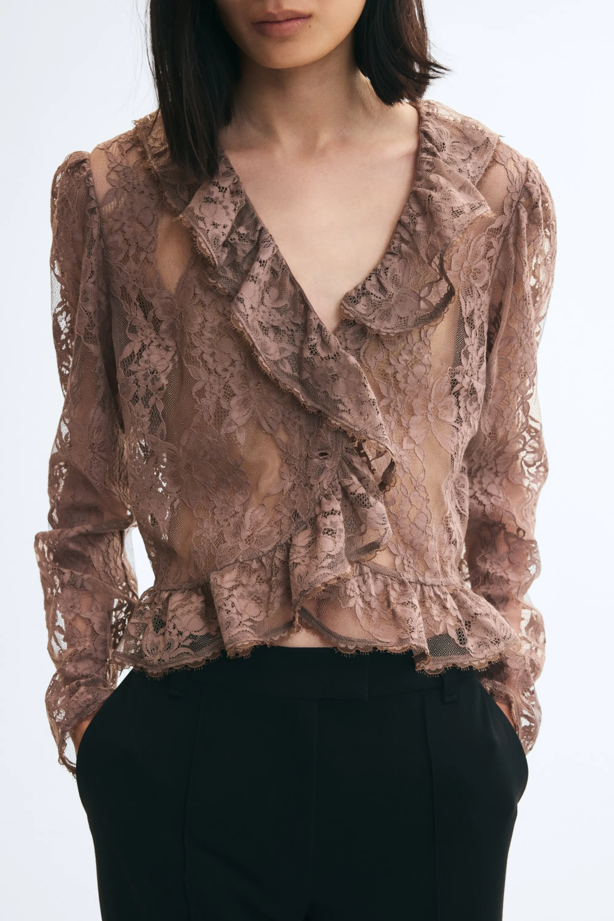 Top à bords ruchés en dentelle - Taupe foncé