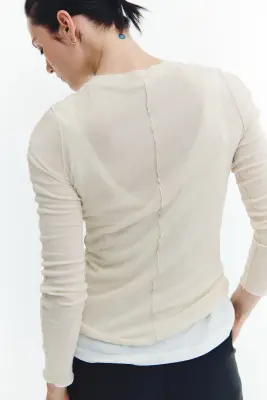 Top à manches longues en coton - Beige clair — photo 2