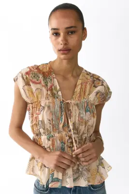 Blouse ruchée en coton - Beige clair/fleuri — photo 2