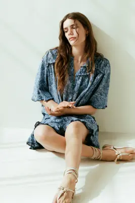 Blouse ruchée en coton - Bleu/motif cachemire — photo 2