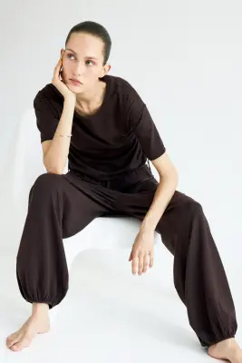 Pantalon ballon en maille fine - Marron foncé — photo 3