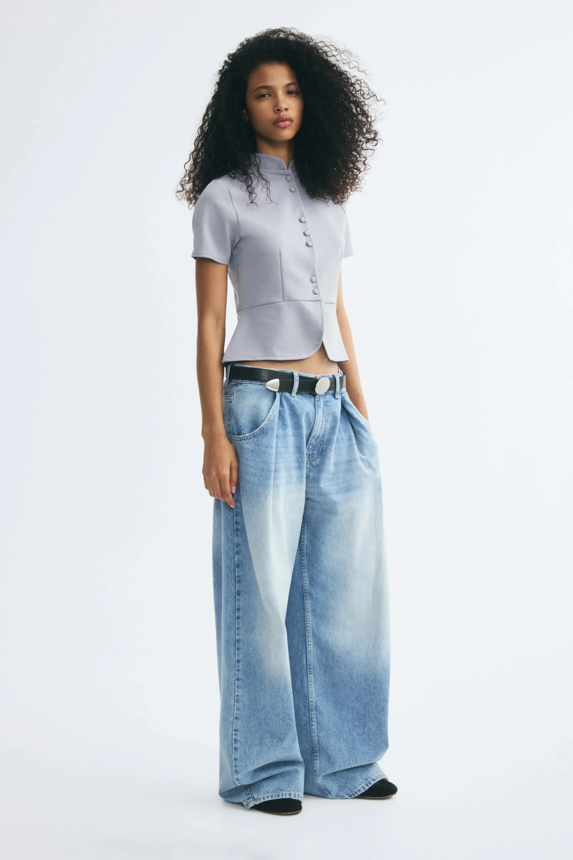 Top péplum à boutons - Gris ancien