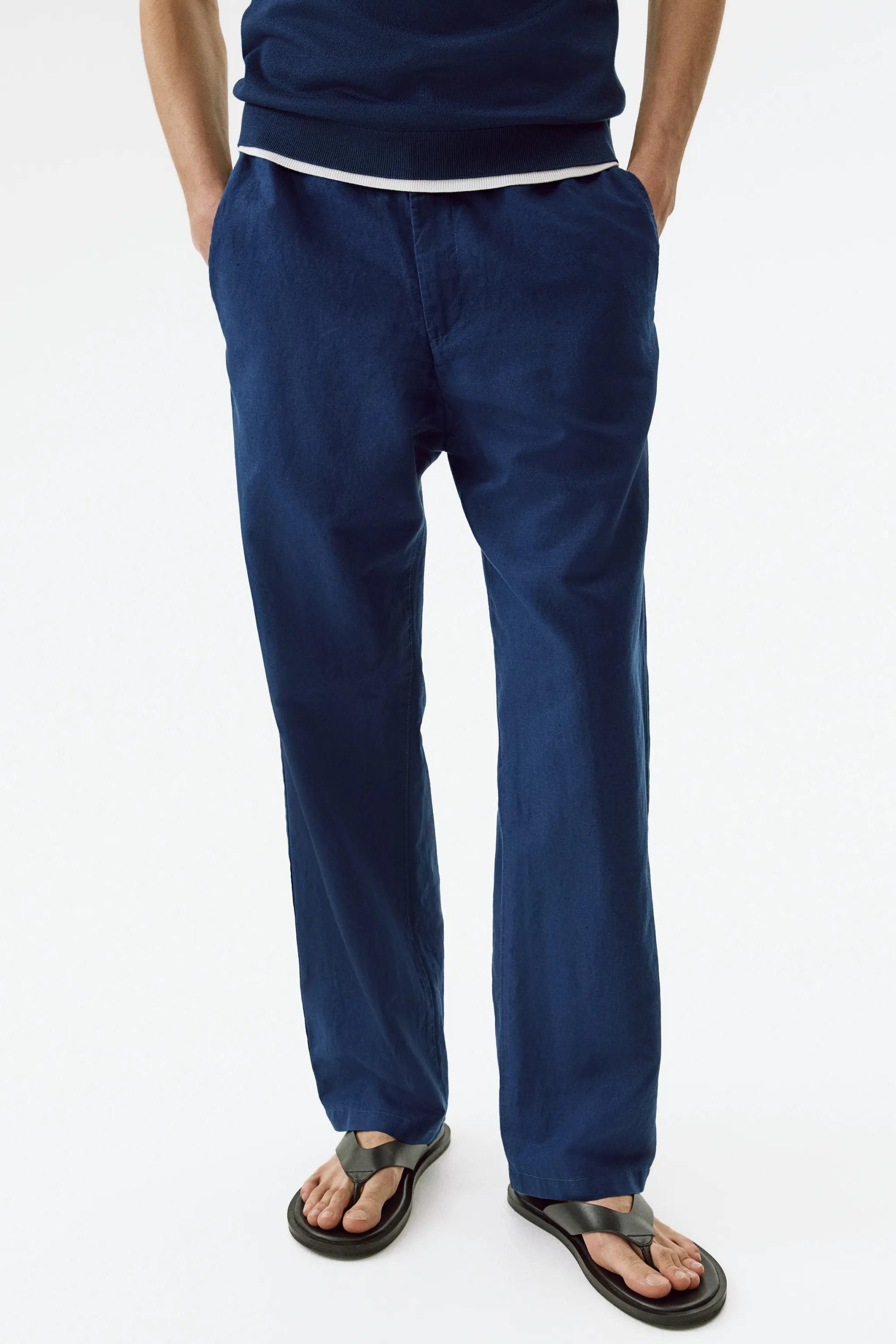 Pantalon Regular Fit en lin mélangé - Bleu foncé