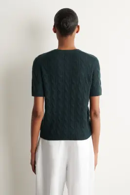 T-SHIRT EN MAILLE DE CACHEMIRE CÔTELÉE - VERT FONCÉ — photo 3