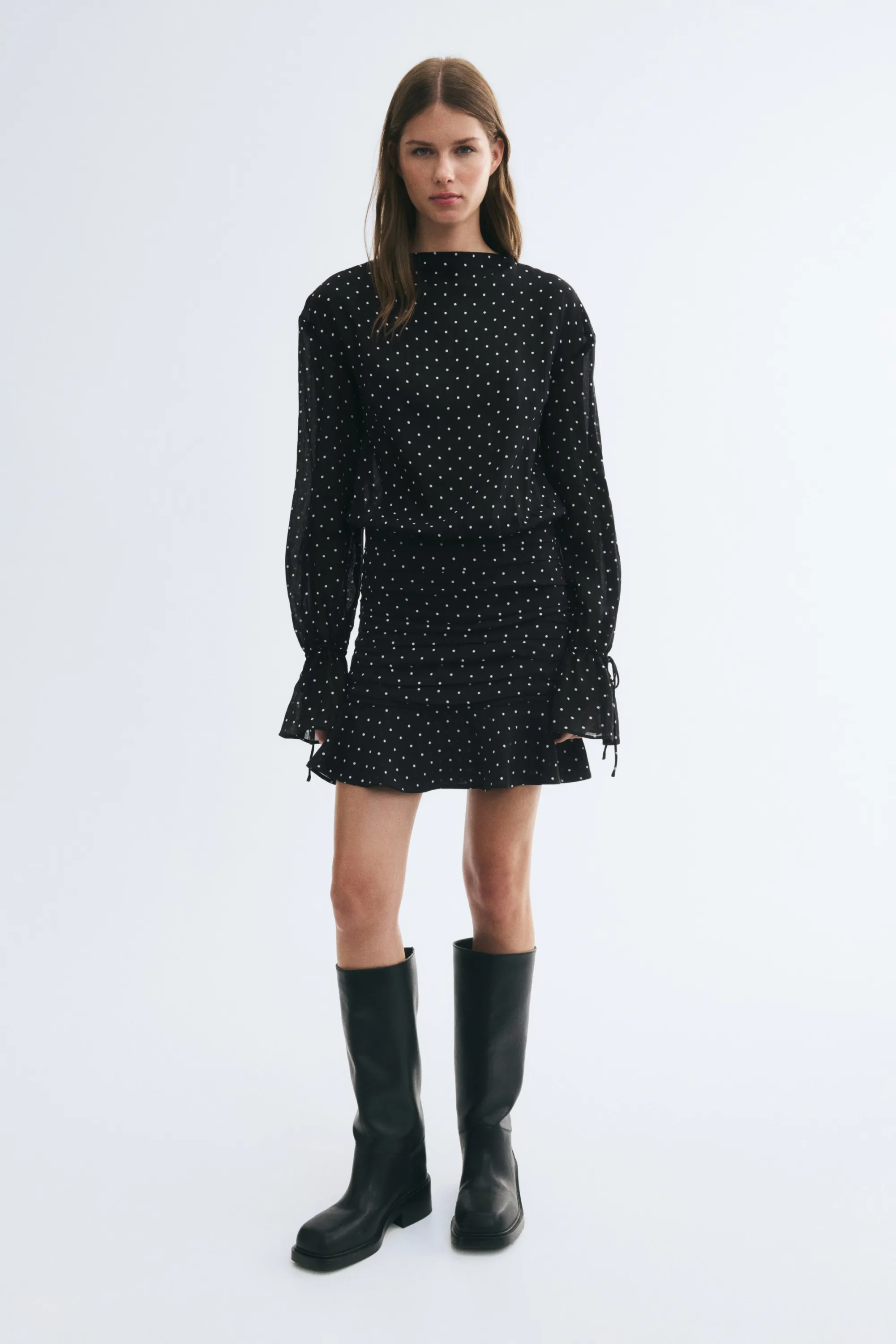 Robe plissée à encolure bateau - Noir/pois