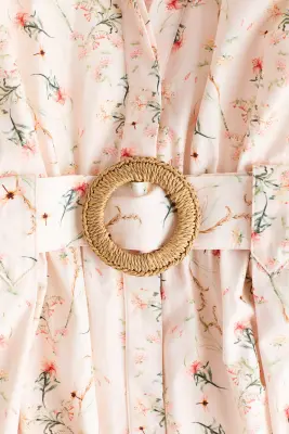 Robe chemise en coton avec ceinture - Rose pâle/fleuri — photo 3