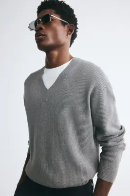 Pull Relaxed Fit en maille côtelée - Gris — photo 4