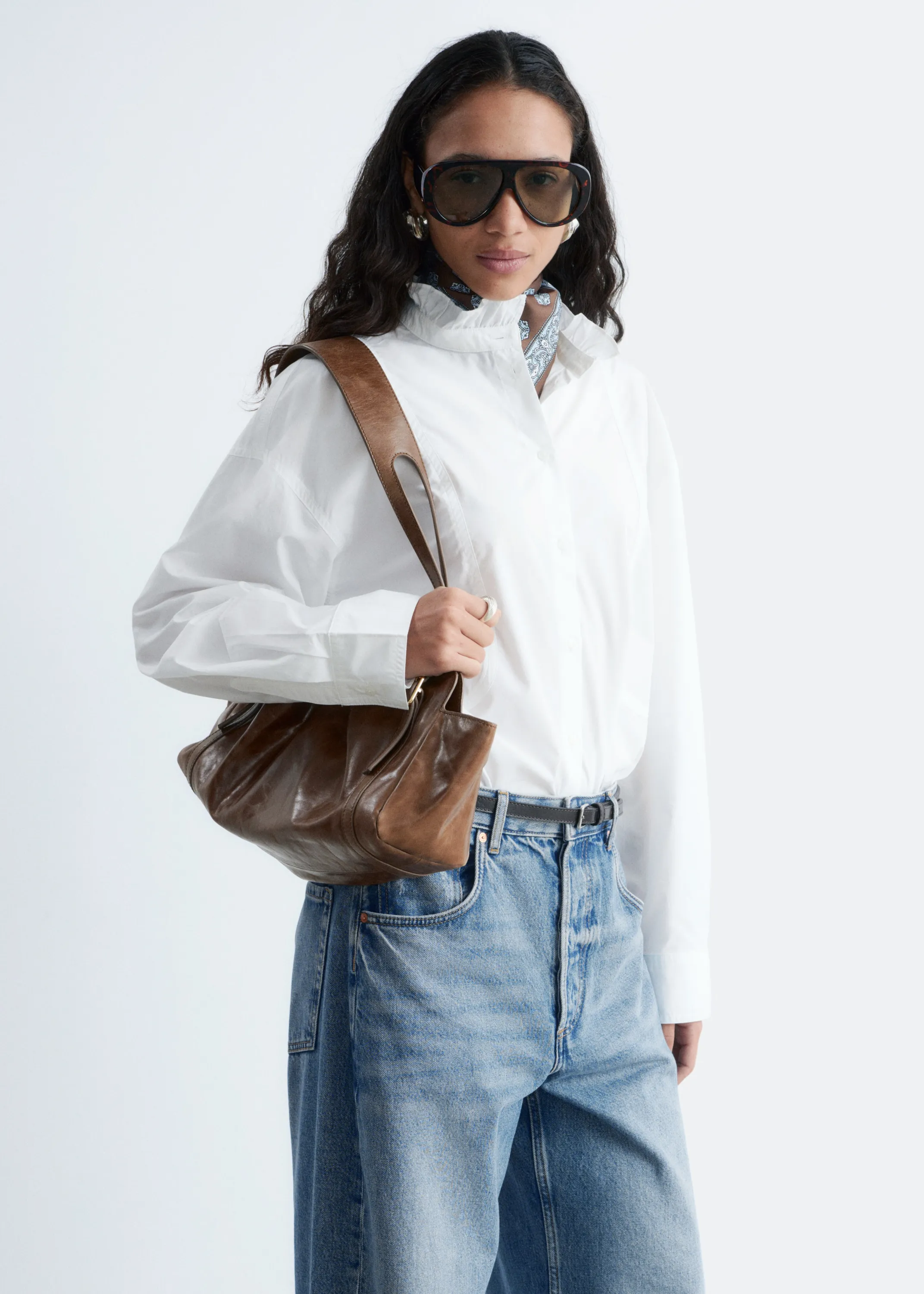 Chemise longue en coton à col montant - Blanc